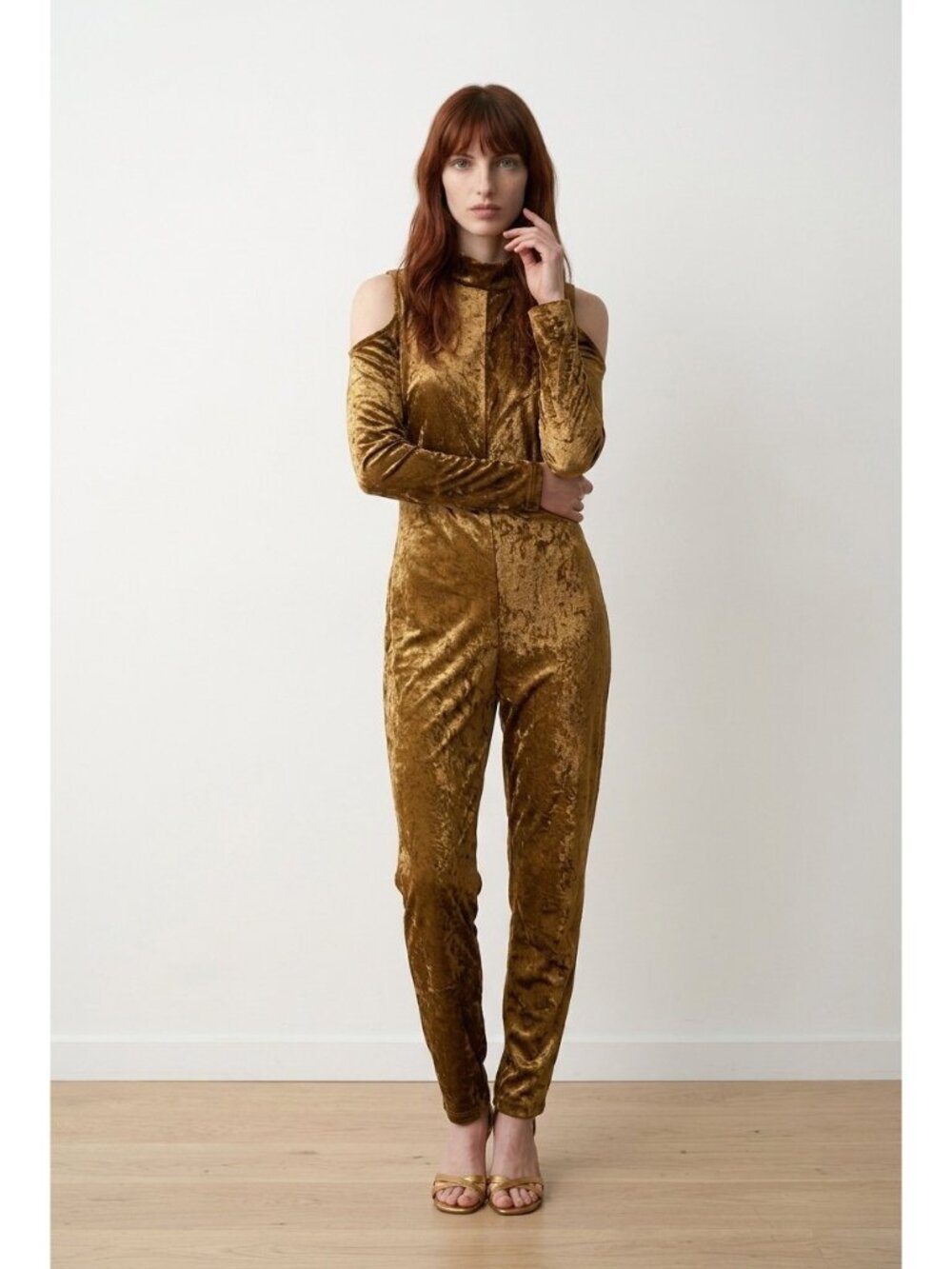 Vintage Happy Legs Velvet Gold Cold-Shoulder Jumpsuit With Mock Neck & Back Zipp - Picture 1 of 5